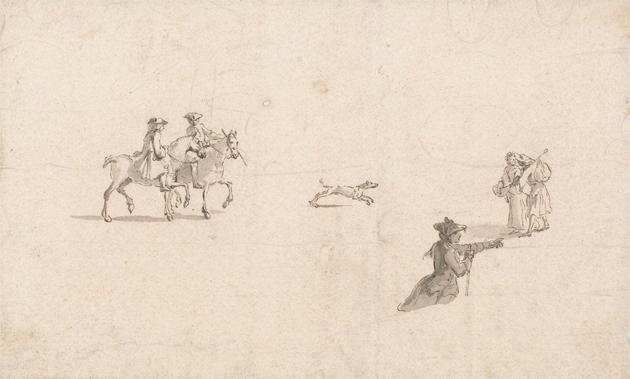 Ryttere, figurer og en hund (penn og blekk på papir) av Thomas Ross