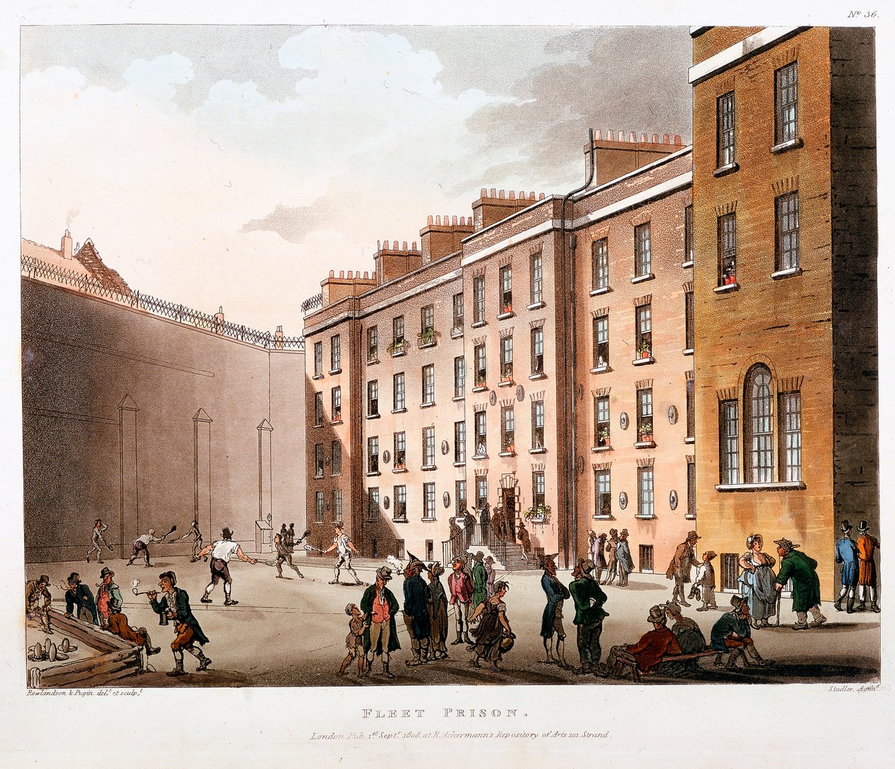 Indre domstol, Fleet Prison, London, 1808-1811 av Thomas Rowlandson, Augustus Charles Pugin