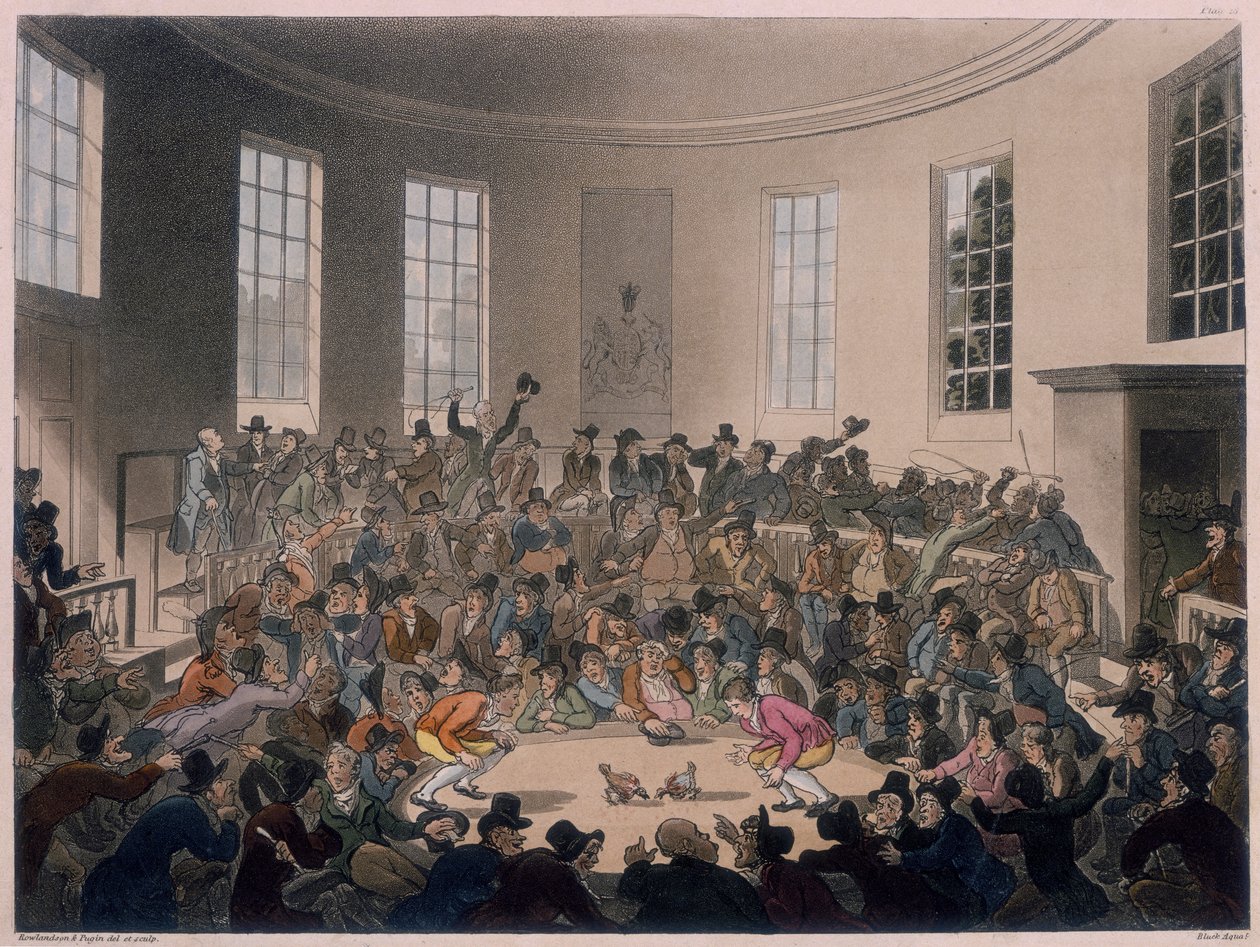 Menn som ser på en hanekamp, sent på 1700- og tidlig på 1800-tallet av Thomas Rowlandson, Augustus Charles Pugin