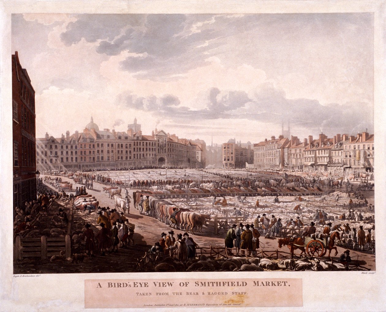 Smithfield Market, London, 1811 av Thomas Rowlandson, Augustus Charles Pugin