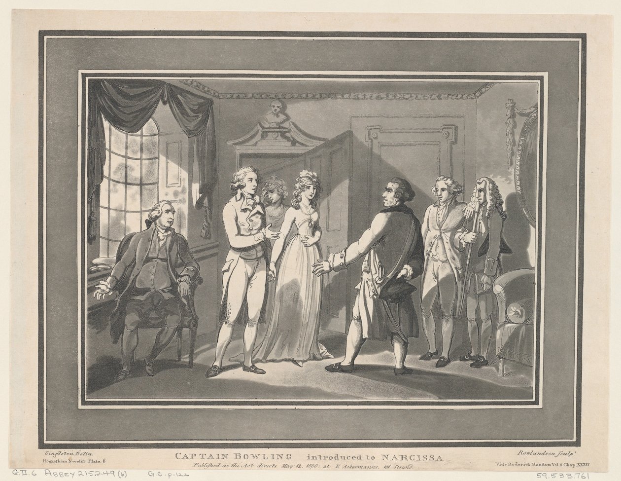 Kaptein Bowling introdusert for Narcissa, 12. mai 1800., 12. mai 1800. Skapere: Thomas Rowlandson, Joseph Constantine Stadler. av ThomasThomas Rowlandson, Joseph Constantine Stadler Thomas Rowlandson, Joseph Constantine Stadler