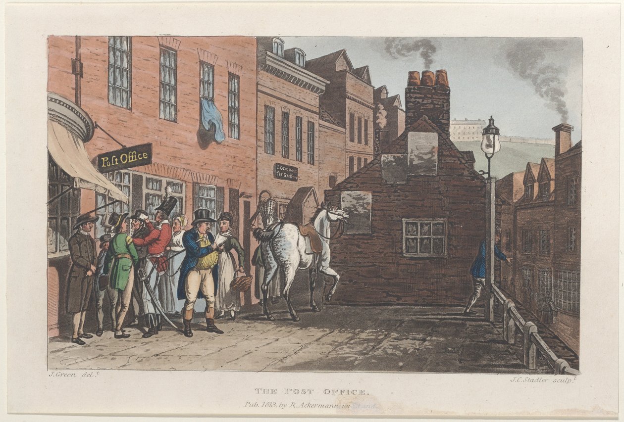 The Post Office, fra Poetical Sketches of Scarborough, 1813., 1813. Skapere: Thomas Rowlandson, Joseph Constantine Stadler, J. Bluck. av Thomas Rowlandson, Joseph Constantine Stadler, J. Bluck