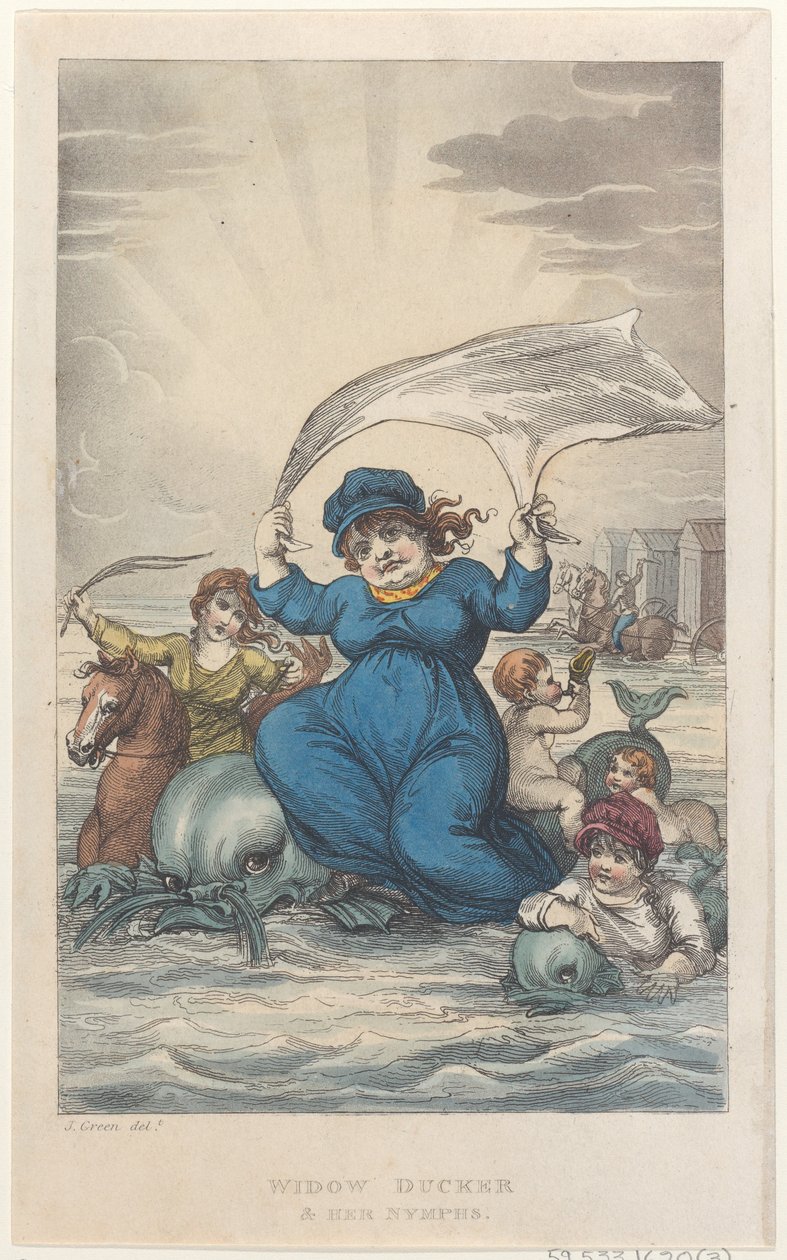 Widow Ducker & Her Nymphs, fra Poetical Sketches of Scarborough, 1813., 1813. Skapere: Thomas Rowlandson, Joseph Constantine Stadler, J. Bluck. av Thomas Rowlandson, Joseph Constantine Stadler, J. Bluck