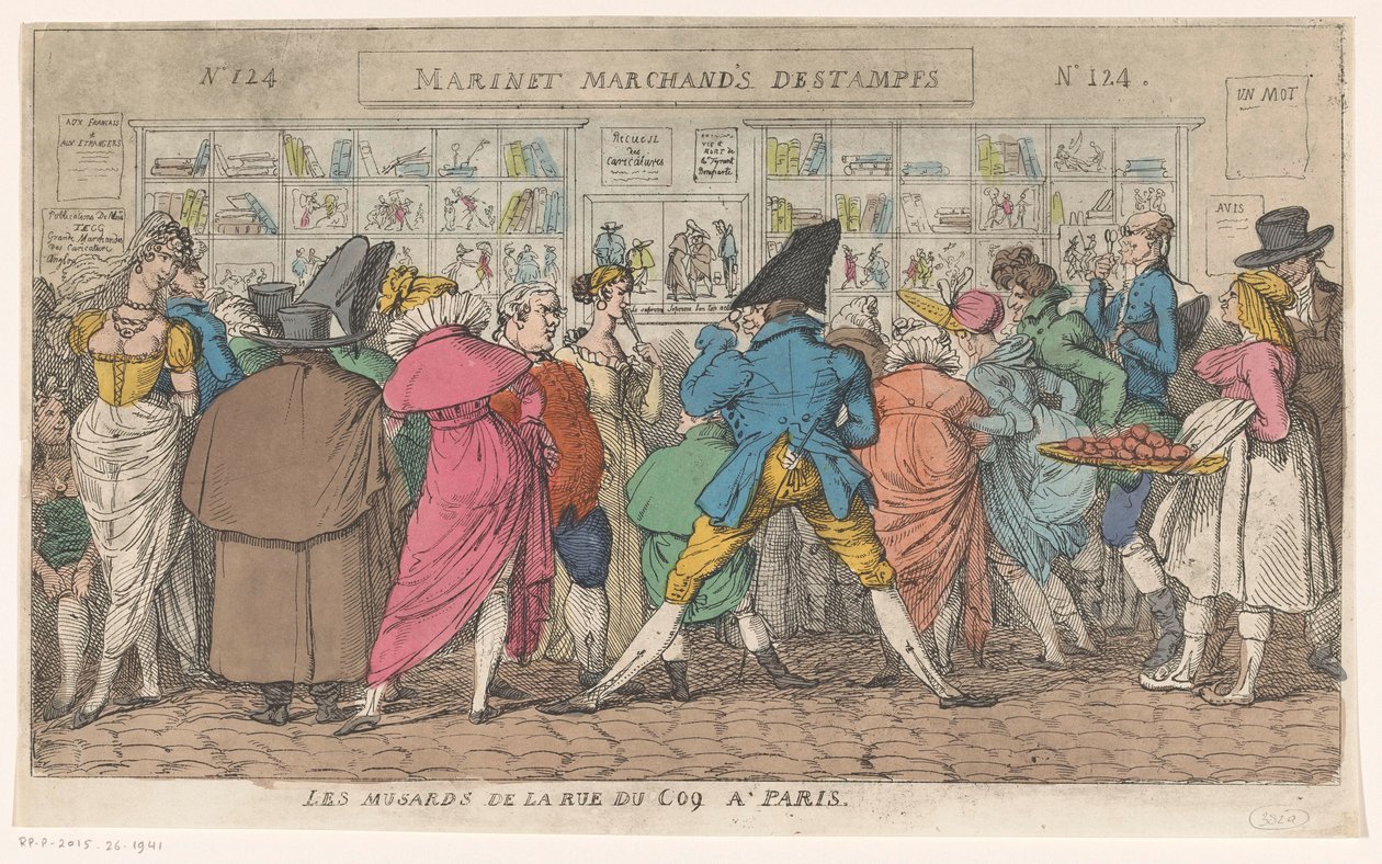Folkemengde foran forleggeren Aaron Martinets vindu i Rue du Coq i Paris Les musards de la rue du Coq a Paris (tittel på objekt) av Thomas Rowlandson (attributed to)
