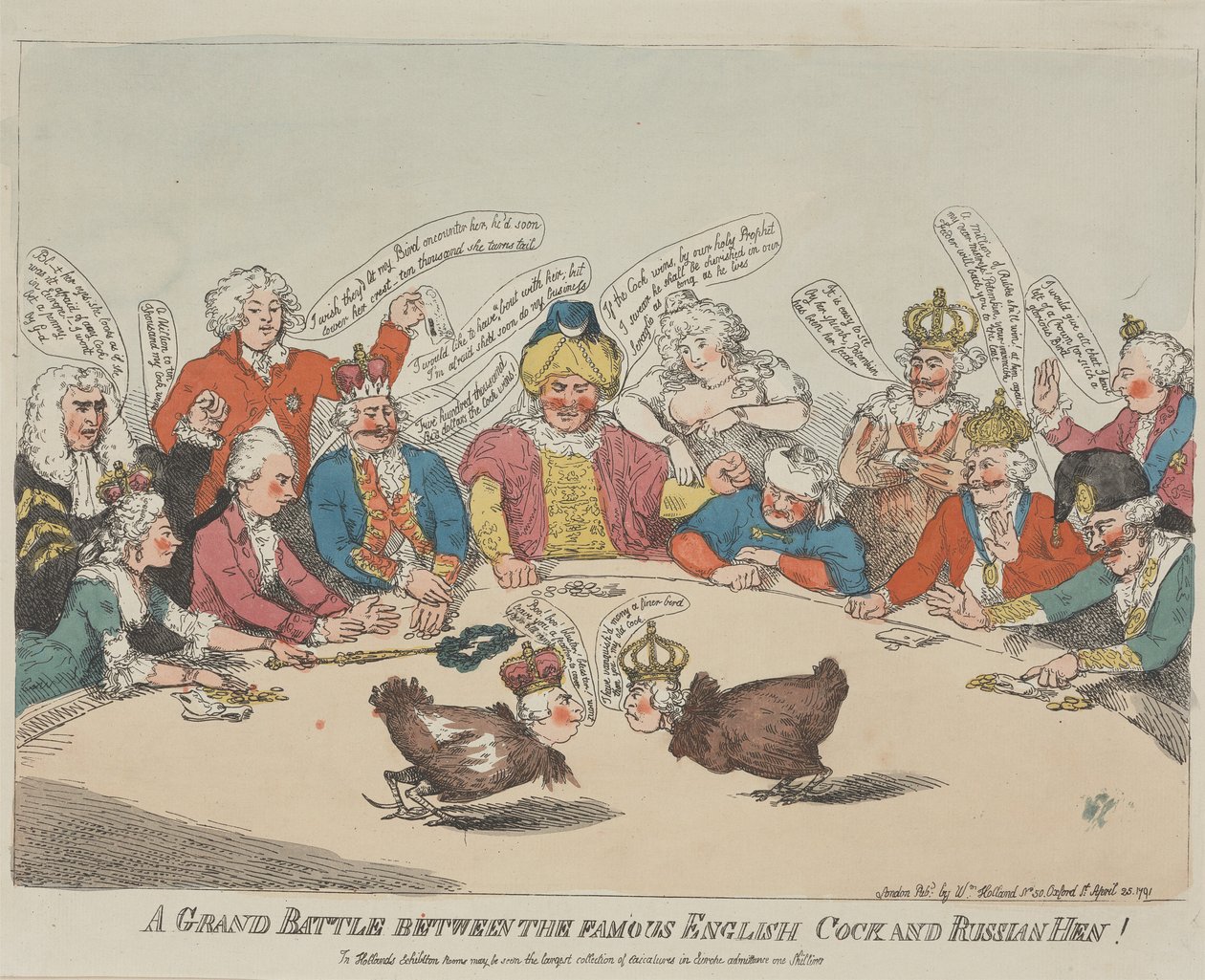 Et stort slag mellom den berømte engelske hanen og den russiske høna! av Thomas Rowlandson