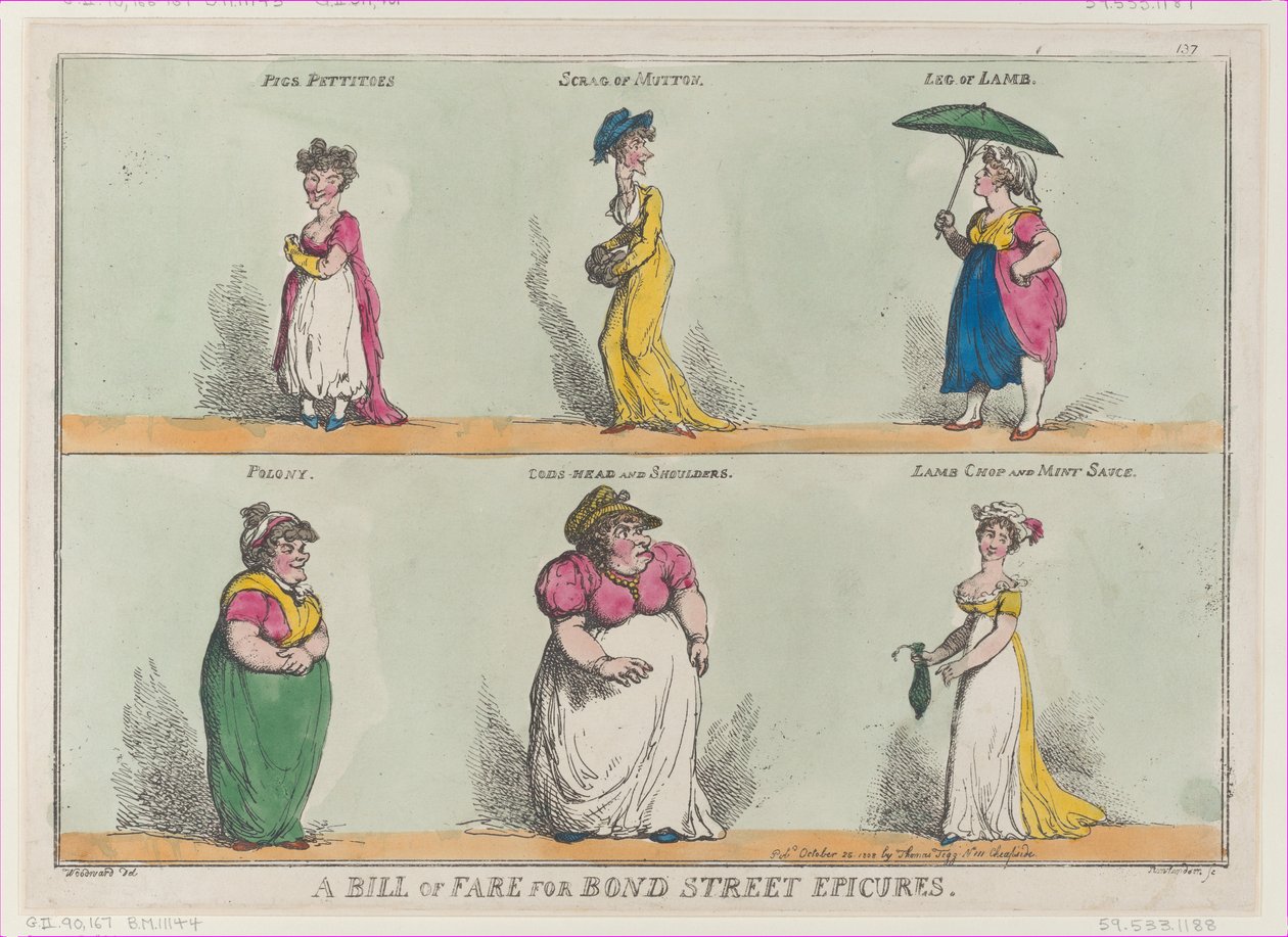 A Bill of Fare for Bond Street Epicures!!, 25. oktober 1808., 25. oktober 1808. av Thomas Rowlandson