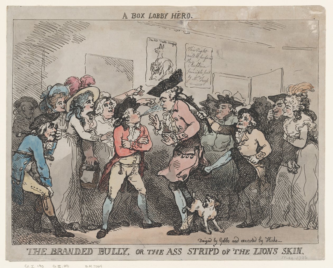 «En helt i bokselobbyen», «Den merkede bøllen» eller «Ræva uten løveskinn». av Thomas Rowlandson