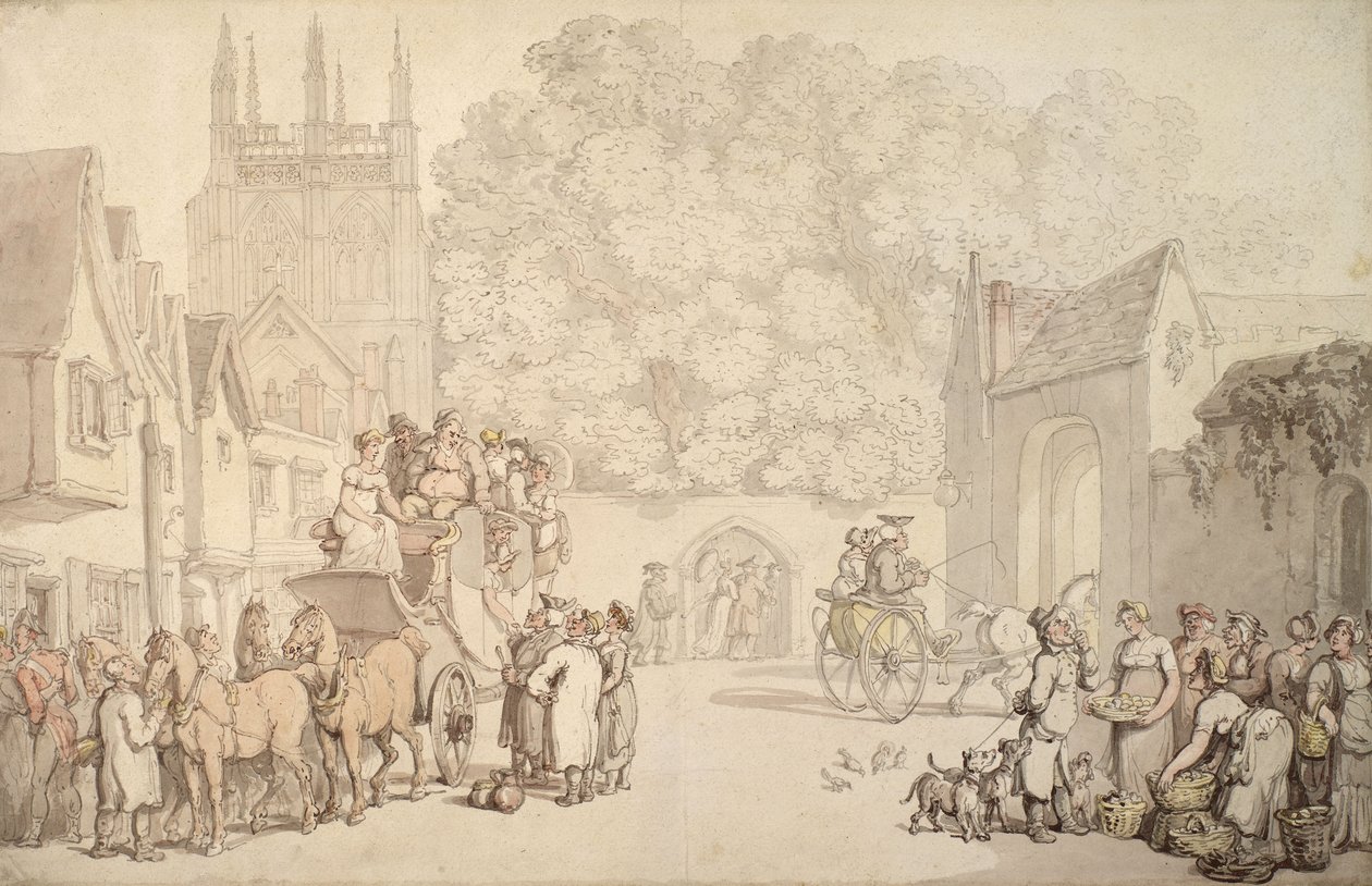 En buss som forbereder seg på å forlate Canterbury Gate, Christ Church, Oxford, ca. 1810-15 av Thomas Rowlandson