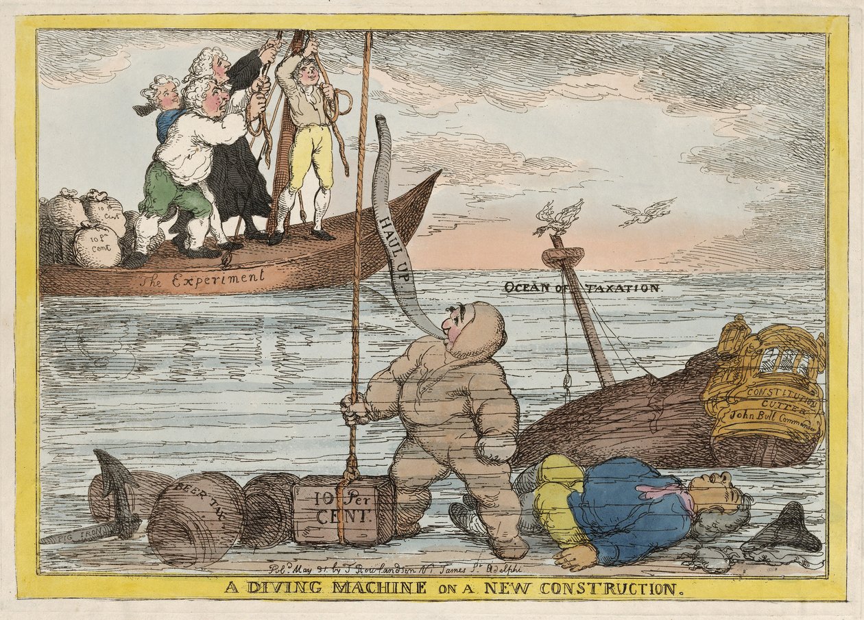 En dykkermaskin på en ny grunnlov, pub. 1806 av Thomas Rowlandson