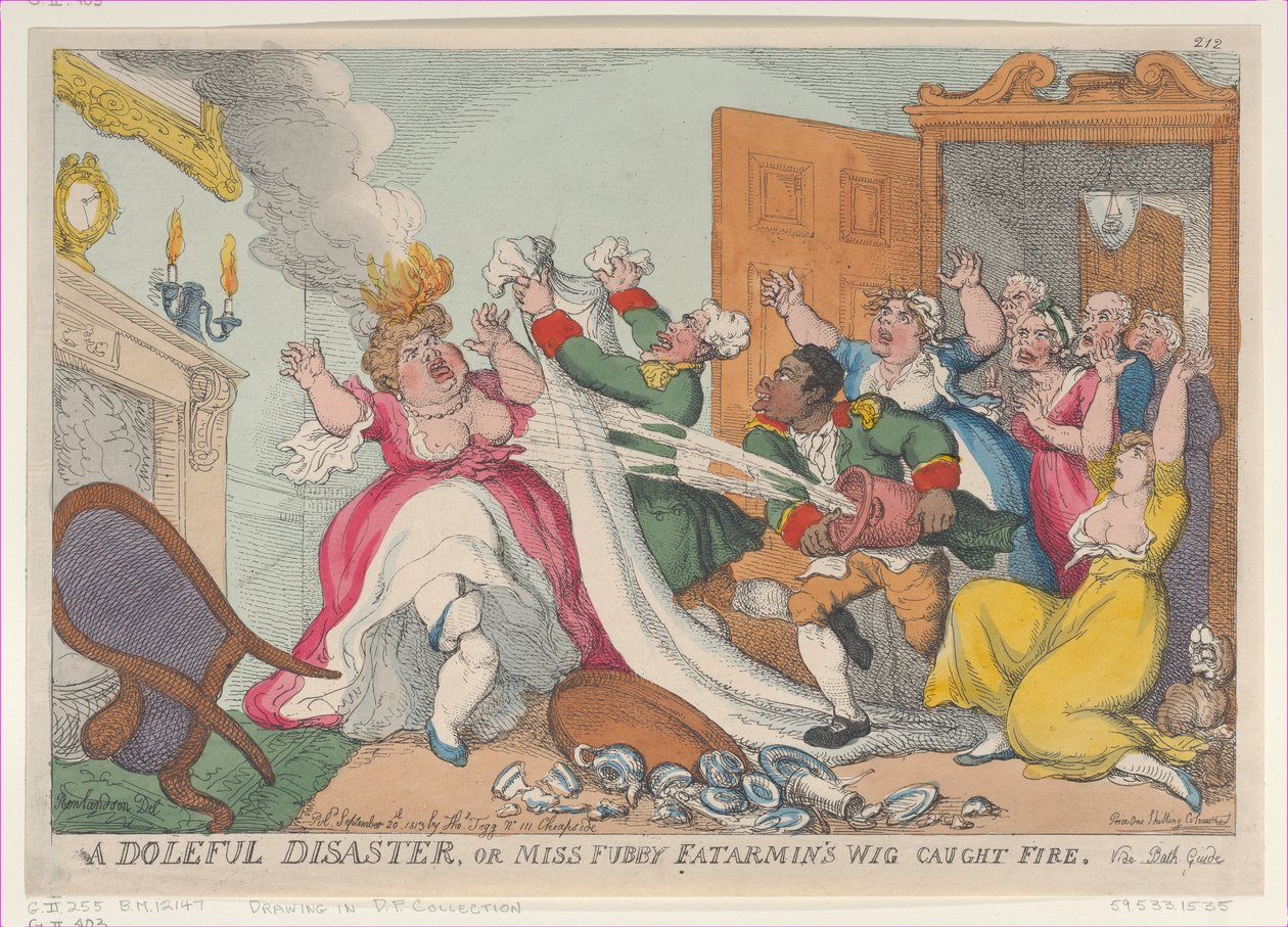 En forferdelig katastrofe, eller frøken Fubby Fatarmins parykk tok fyr, 20. september ..., 20. september 1813. av Thomas Rowlandson