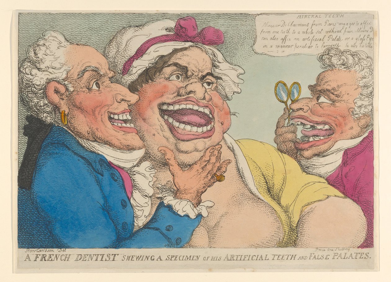 En fransk tannlege som viser et eksemplar av sine kunstige tenner og falske ganer, 1811., 1811. av Thomas Rowlandson