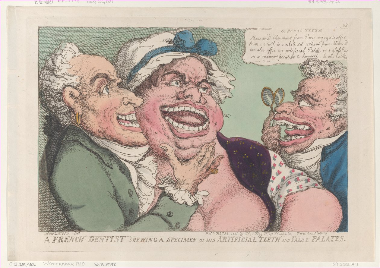 En fransk tannlege viser et eksemplar av sine kunstige tenner og falske ganer..., 26. februar 1811. av Thomas Rowlandson