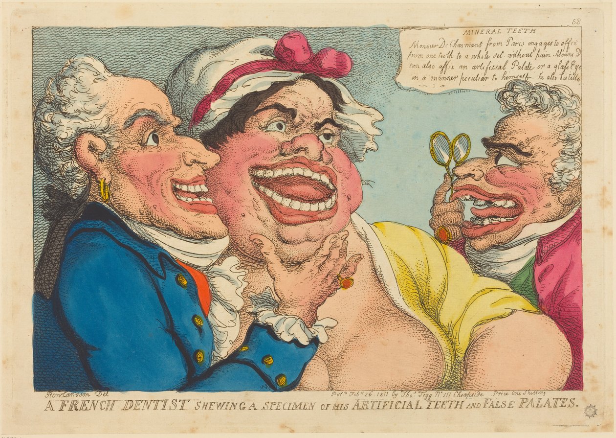 En fransk tannlege som viser frem et eksemplar av sine kunstige tenner og proteser av Thomas Rowlandson