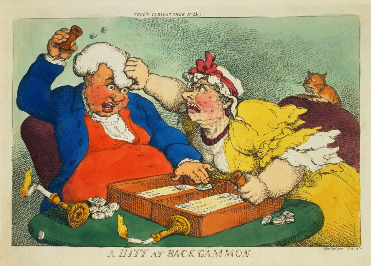 A Hitt at Backgammon (farget etsning) av Thomas Rowlandson