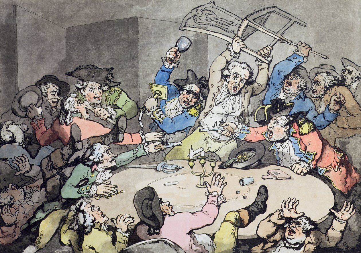 A Kick Up at a Hazard Table, pub. av J. Harris, 1787 (farget etsning med akvatint) av Thomas Rowlandson