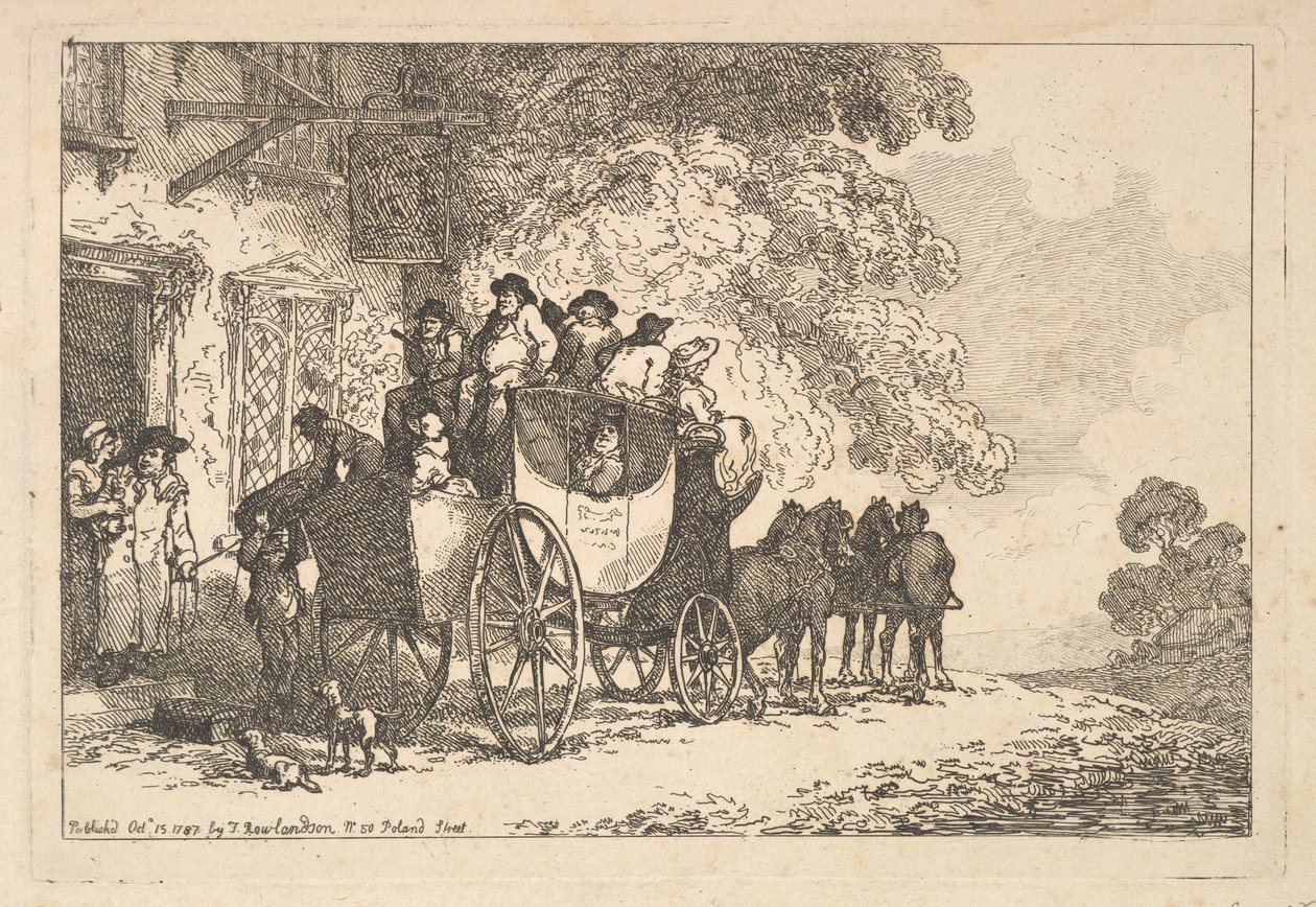 En fullastet postvogn utenfor et posthus av Thomas Rowlandson