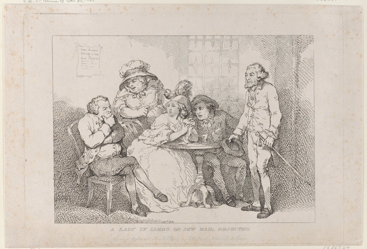 En kvinne i limbo, eller: Kausjonssøknad for jøde avslått av Thomas Rowlandson