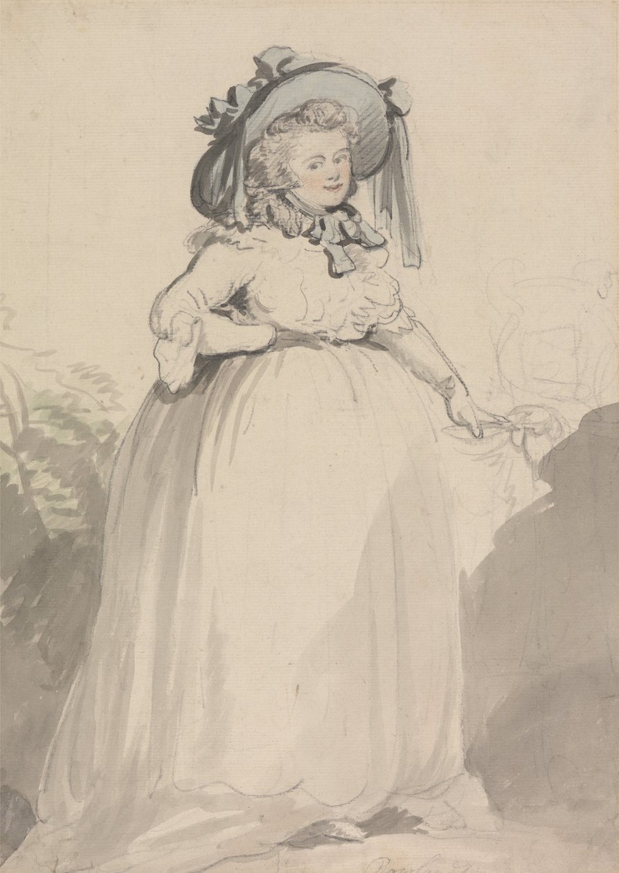 En dame i hvit kjole, med en blå hatt på hodet av Thomas Rowlandson