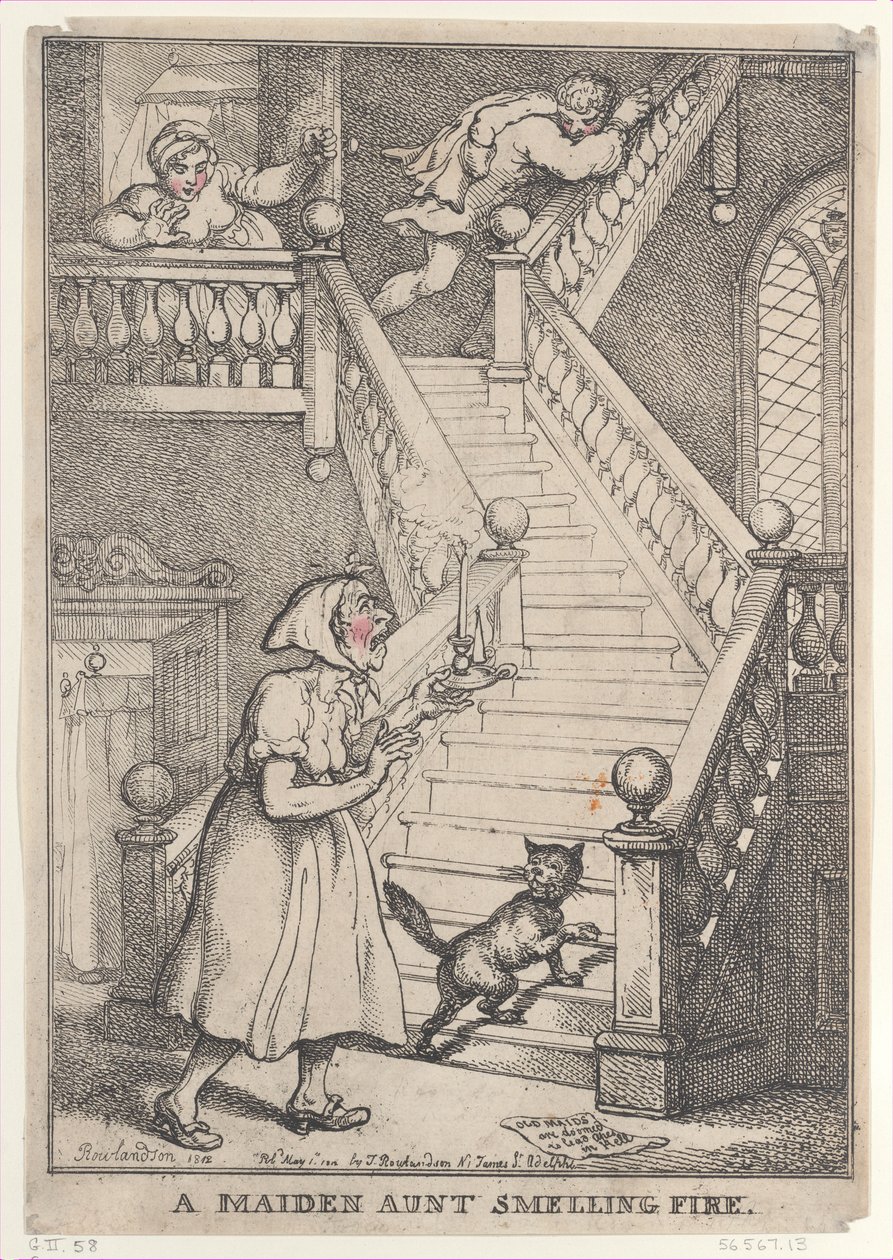A Maiden Aunt Smelling Fire, [1. mai 1806], gjenutgitt 1. mai..., [1. mai 1806], gjenutgitt 1. mai 1812. av Thomas Rowlandson