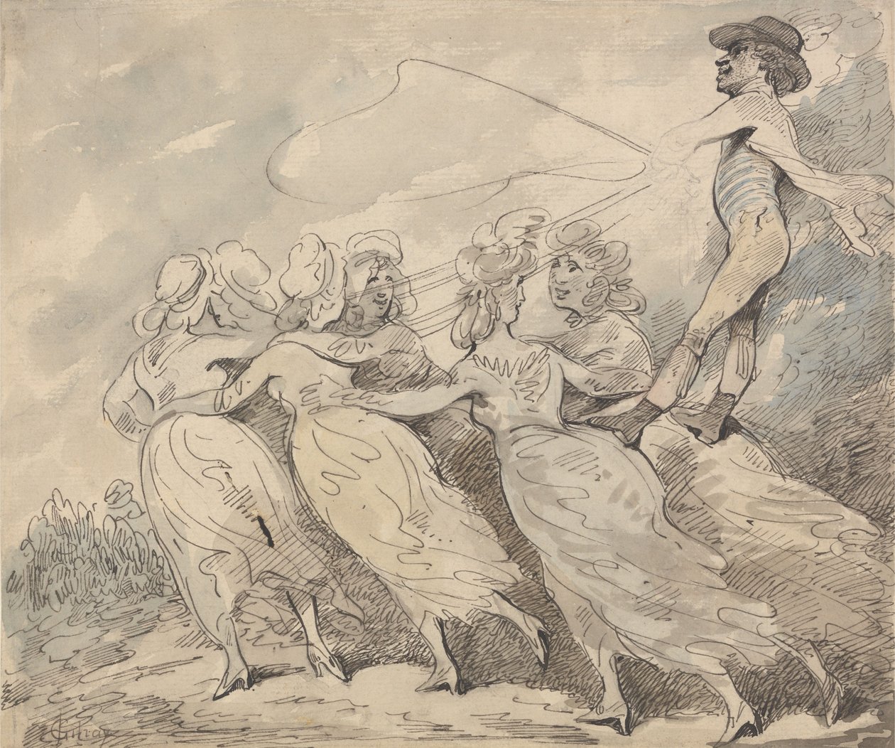 En mann som kjører et spann med seks jenter av Thomas Rowlandson
