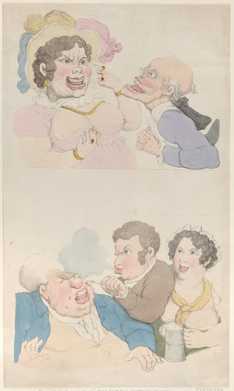 En mann lokket av en kvinne, og røyker en kunde, 1800, 1800. av Thomas Rowlandson
