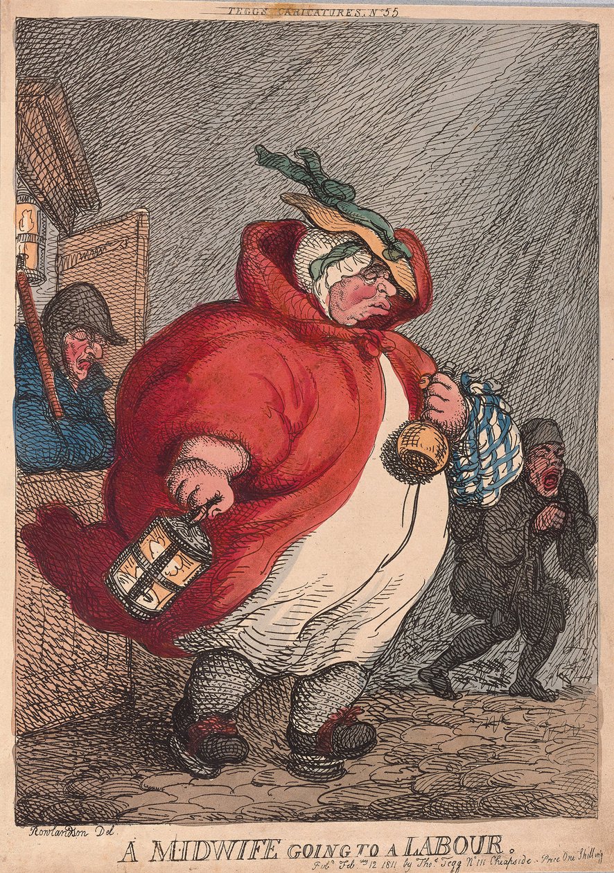 En jordmor som går til en Labour, pub. 1811 (håndfarget gravering) av Thomas Rowlandson