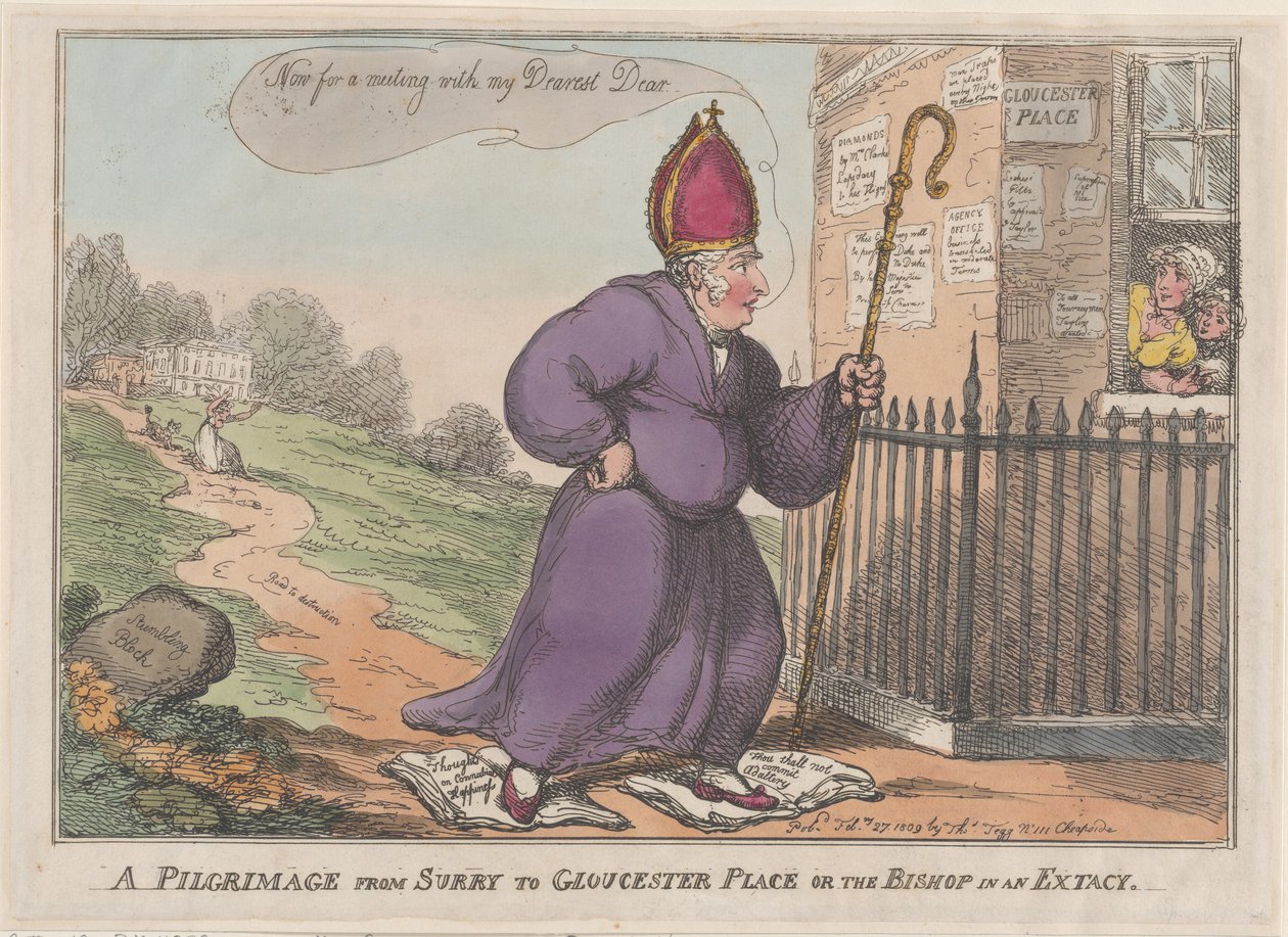 En pilegrimsreise fra Surry til Gloucester Place eller Bishop in an Extacy, 27. februar 1809. av Thomas Rowlandson