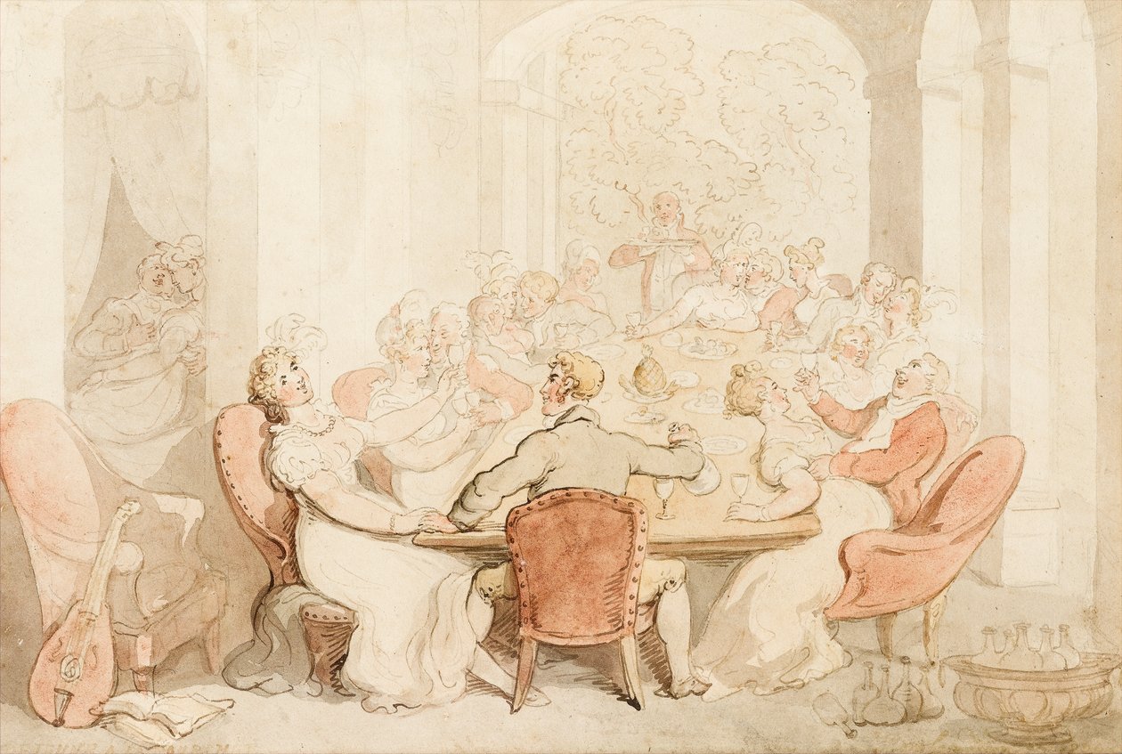 En raucous lunsj på et landsted (blekk og fargevask på papir) av Thomas Rowlandson
