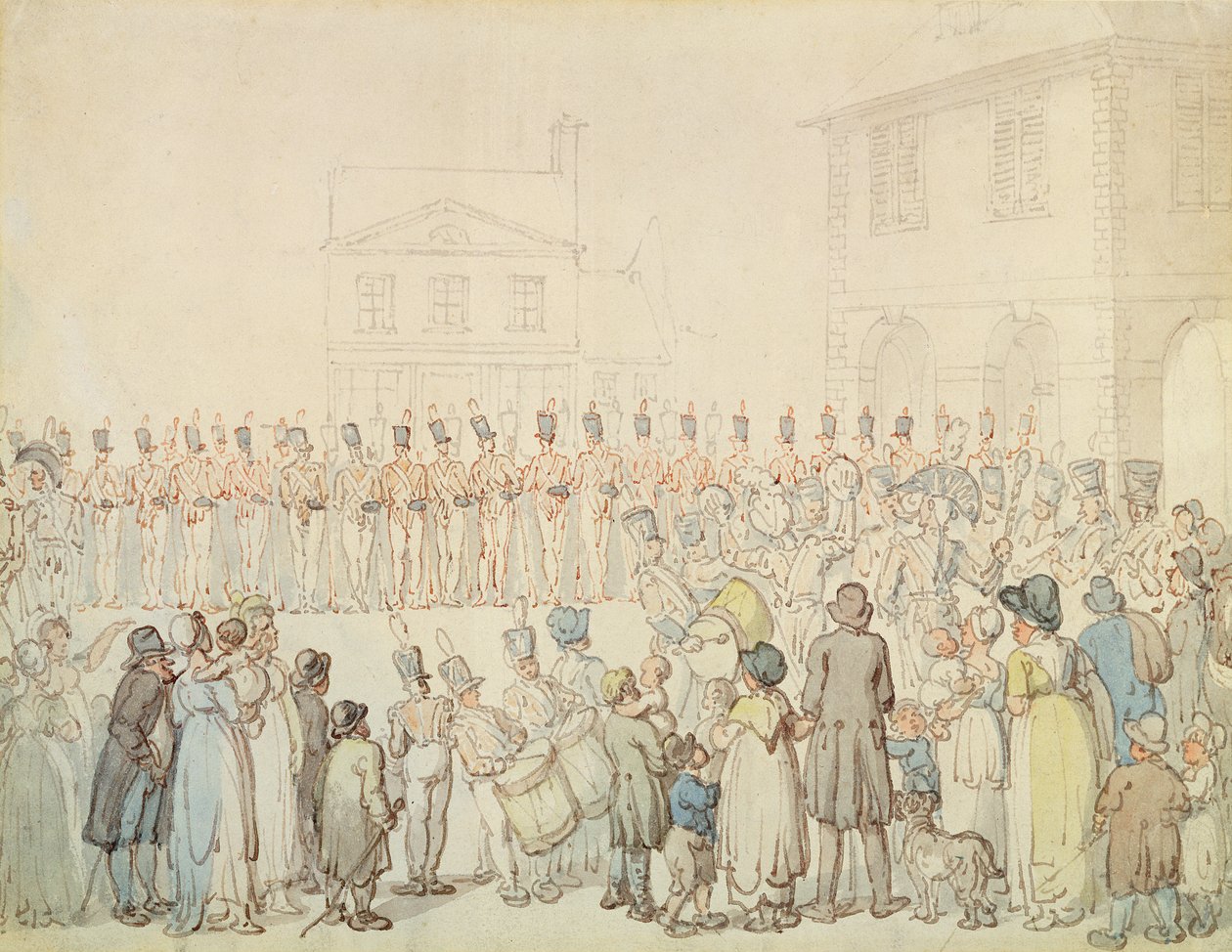 En gjennomgang av Northamptonshire Militia i Brackley, Northants (penn og blekk med akvarell på papir) av Thomas Rowlandson