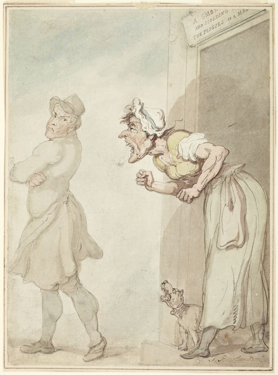 En røykende skorstein og en skjelende kone: Menneskets plager av Thomas Rowlandson