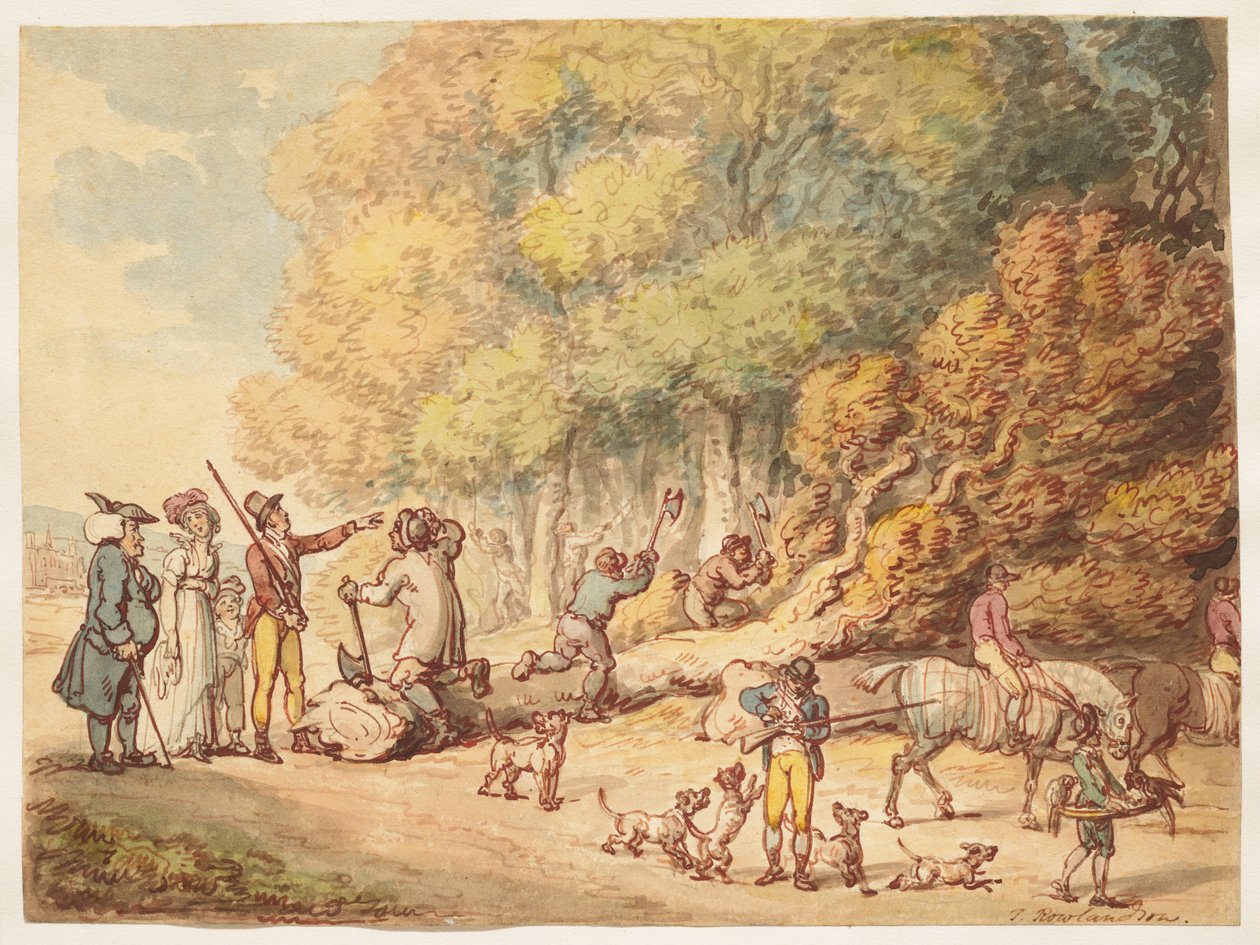 En jeger med familien sin som instruerer skogsarbeidere i å hugge opp et felt tre av Thomas Rowlandson