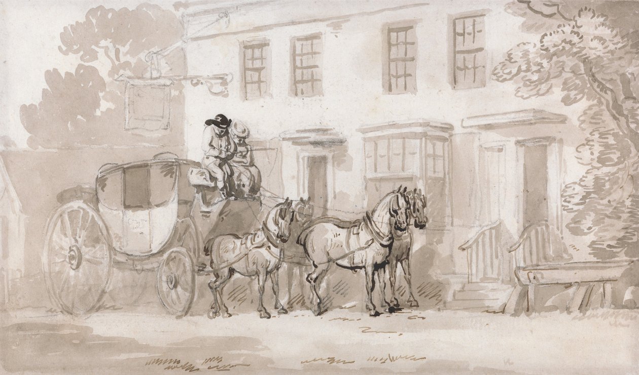 En diligense utenfor inngangen til et vertshus av Thomas Rowlandson