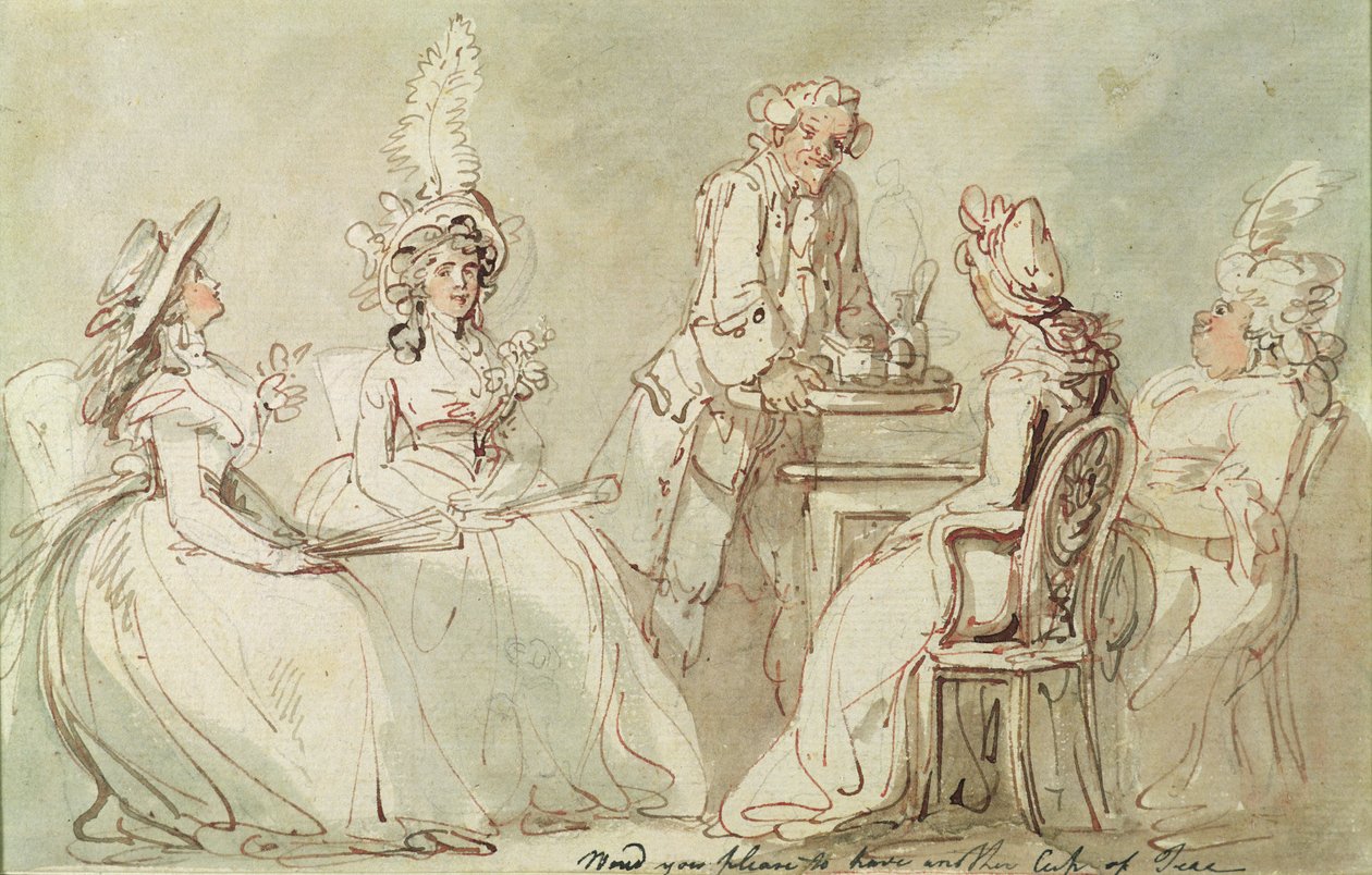 Et teselskap (penn og blekk, blyant og w/c på papir lagt på feste) (recto of 238964) av Thomas Rowlandson