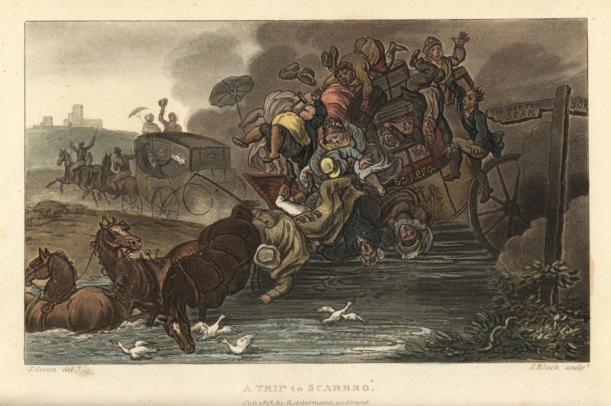 En tur til Scarbro: En buss overlastet med bagasje og passasjerer kjører inn i en dam. Håndfarget kobberstikk av Thomas Rowlandson, akvatint av J. Bluck, etter en skisse av J. Green fra Poetical Sketches of Scarborough, Ackermann, London av Thomas Rowlandson