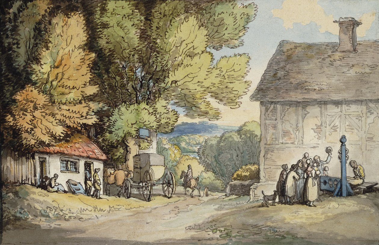 A Village Green: en vogn stanset under et tre, med en mann i aksjene og en gruppe tilskuere, av Thomas Rowlandson