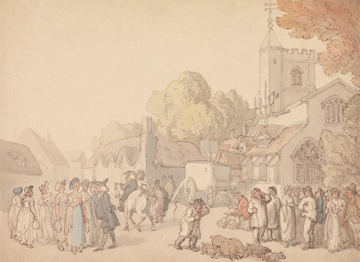 En landsbyscene utenfor en kirke av Thomas Rowlandson
