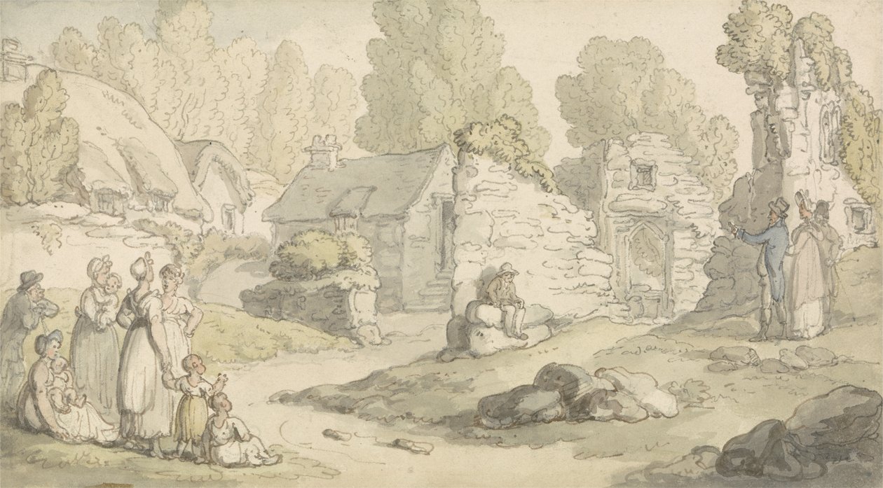 En landsbyscene med figurer og ødelagte bygninger (akvarell, penn og blekk og blyant på papir) av Thomas Rowlandson