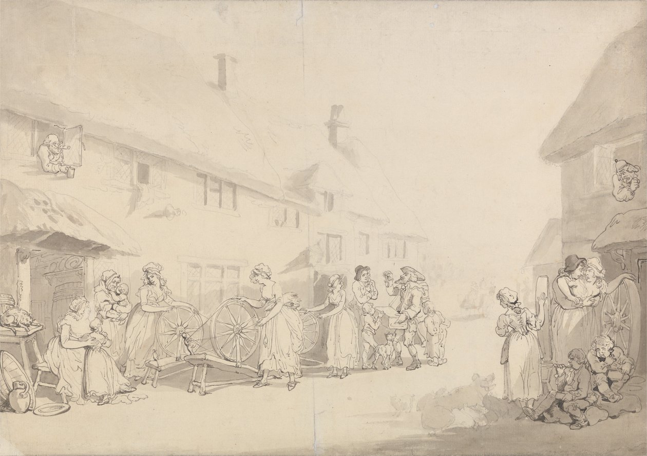 En landsbyscene med jenter som spinner av Thomas Rowlandson