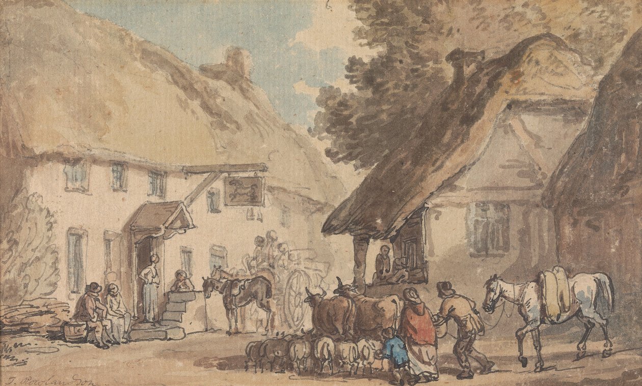 En landsbygdsgate der storfe og sauer blir drevet gjennom av Thomas Rowlandson