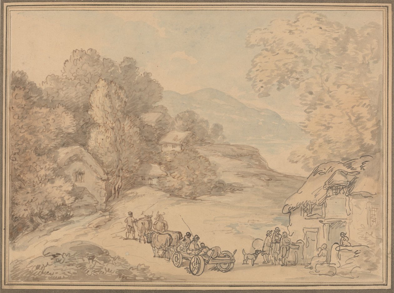 En landsby i et kupert landskap av Thomas Rowlandson