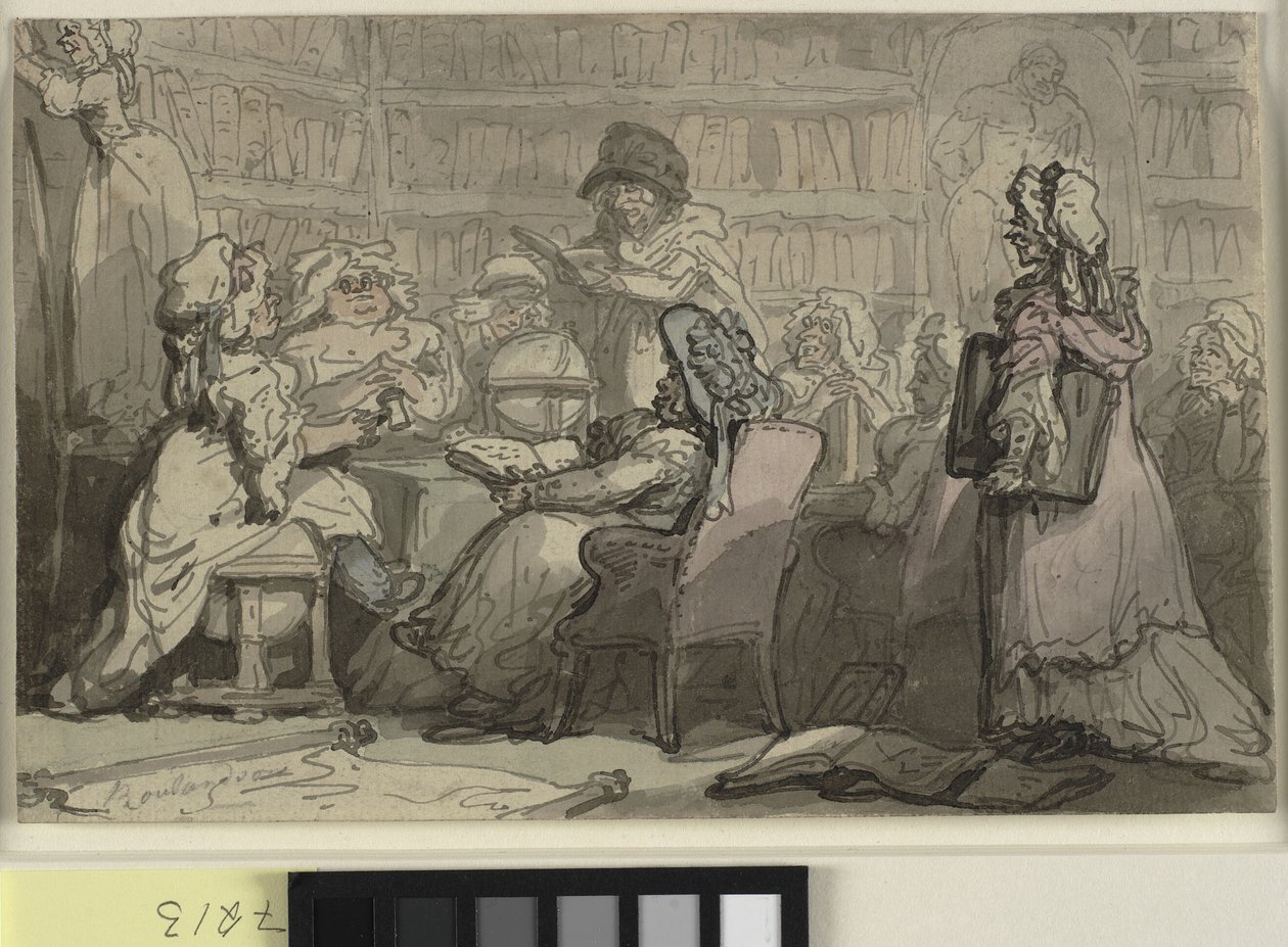 Et blåstrømpeklubbmøte på et bibliotek av Thomas Rowlandson