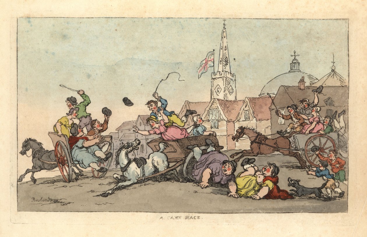 Et kjerreløp i en engelsk by med en ulykke i forgrunnen av Thomas Rowlandson