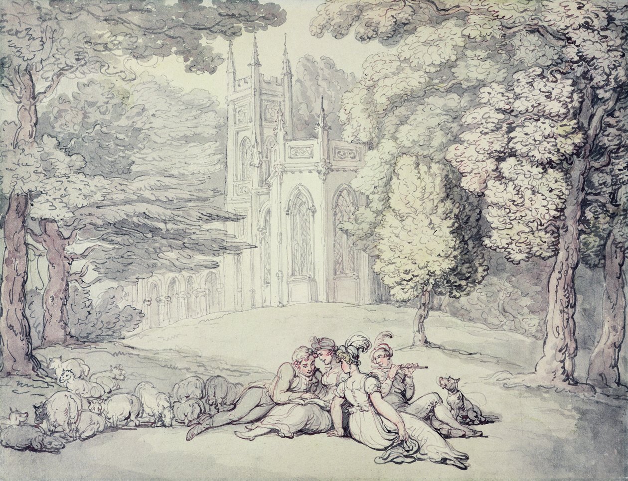 En college-grønn med en gruppe jenter og unge herrer i forgrunnen, ca. 1810-15 (penn og blekk og akvarell over blyant på papir) av Thomas Rowlandson