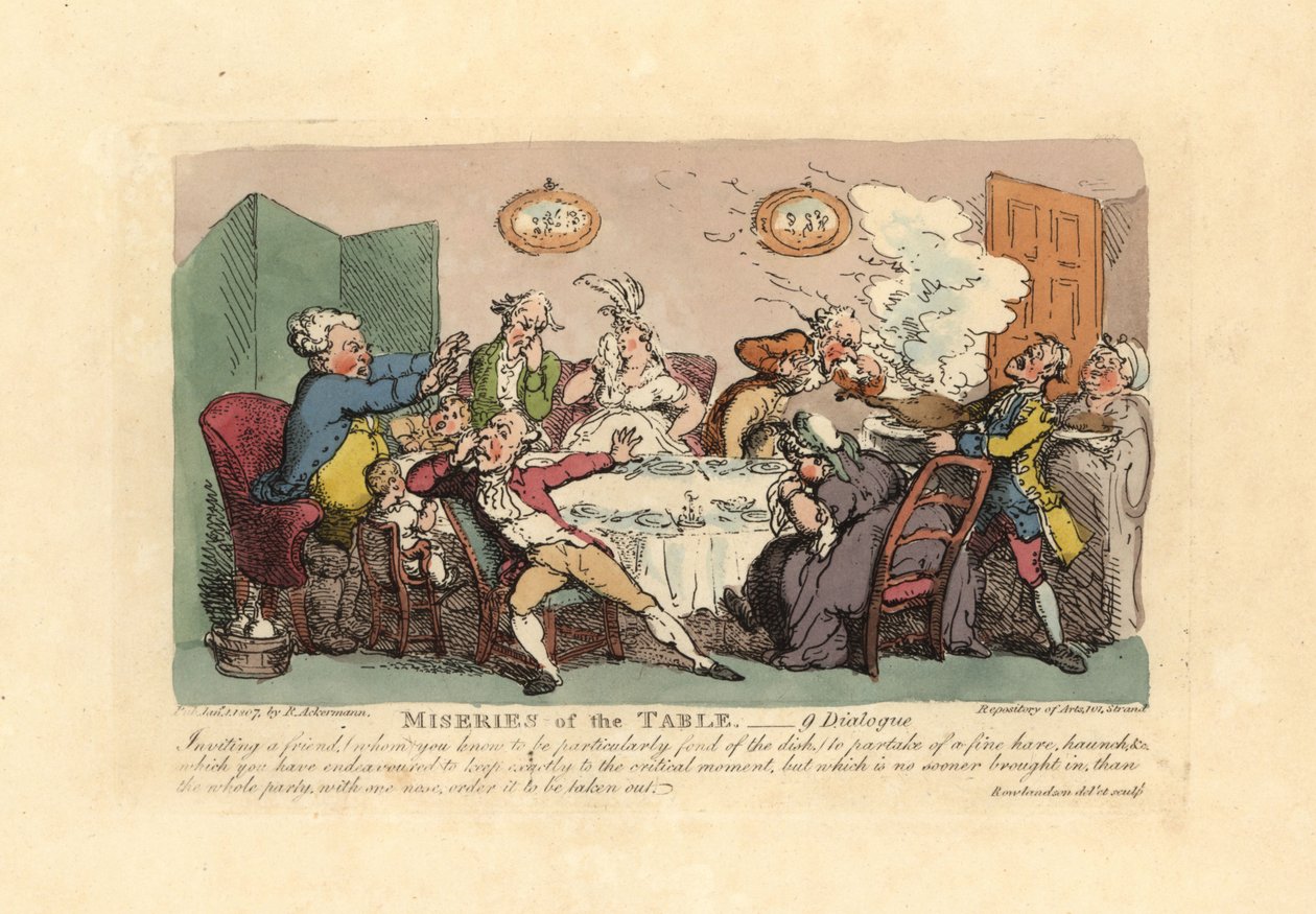 Et middagsselskap ødelagt av ankomsten av en stinkende viltrett. av Thomas Rowlandson