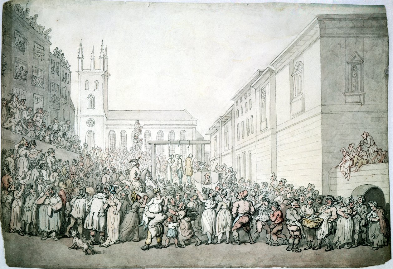 En offentlig henrettelse i Newgate, London, sent på 1700-tallet av Thomas Rowlandson