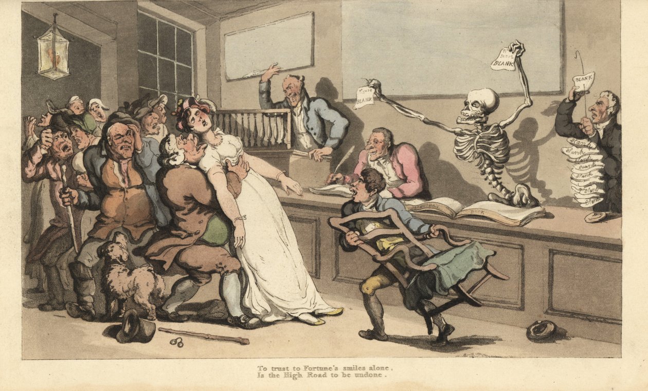En kvinne dør i sjokk ved synet av et blankt stykke papir svingt av skjelettet til Døden på et lotterikontor. Håndfarget kobberplate tegnet og gravert av Thomas Rowlandson fra The English Dance of Death, Ackermann, London av Thomas Rowlandson