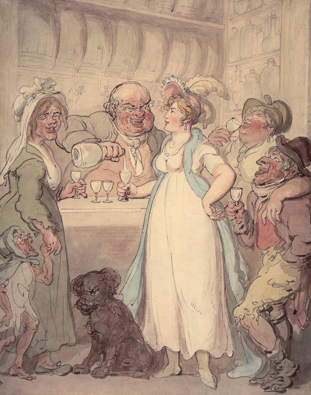 En ung attraktiv kvinne blir introdusert for "gledene" ved gindrikking, c1810 av Thomas Rowlandson