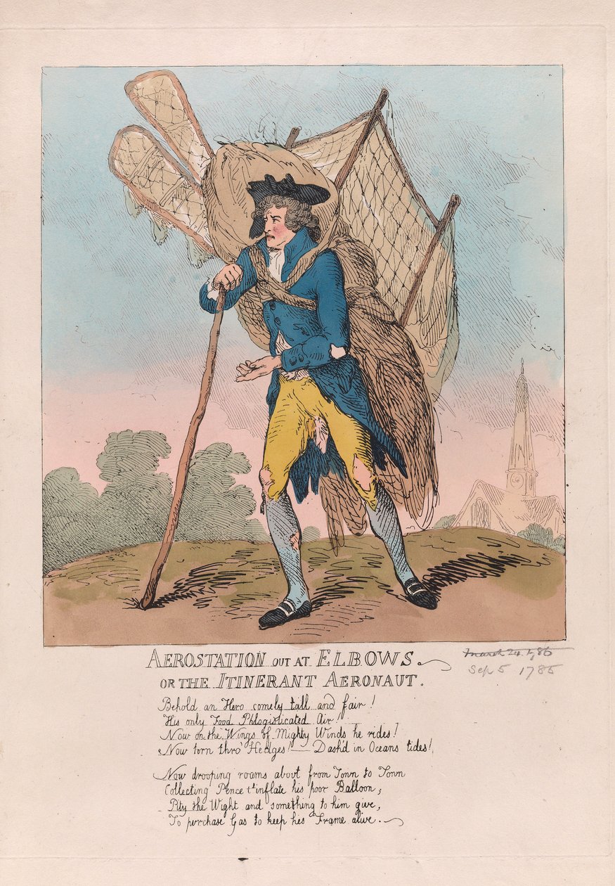 Aerostation ute ved Elbows eller the Itinerant Aeronaut, pub. 1785 (håndfarget gravering) av Thomas Rowlandson