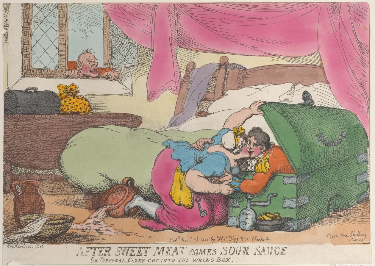 Etter at søtt kjøtt kommer sur saus, eller korporal Casey kom inn i feil boks, ..., 30. november 1810. av Thomas Rowlandson