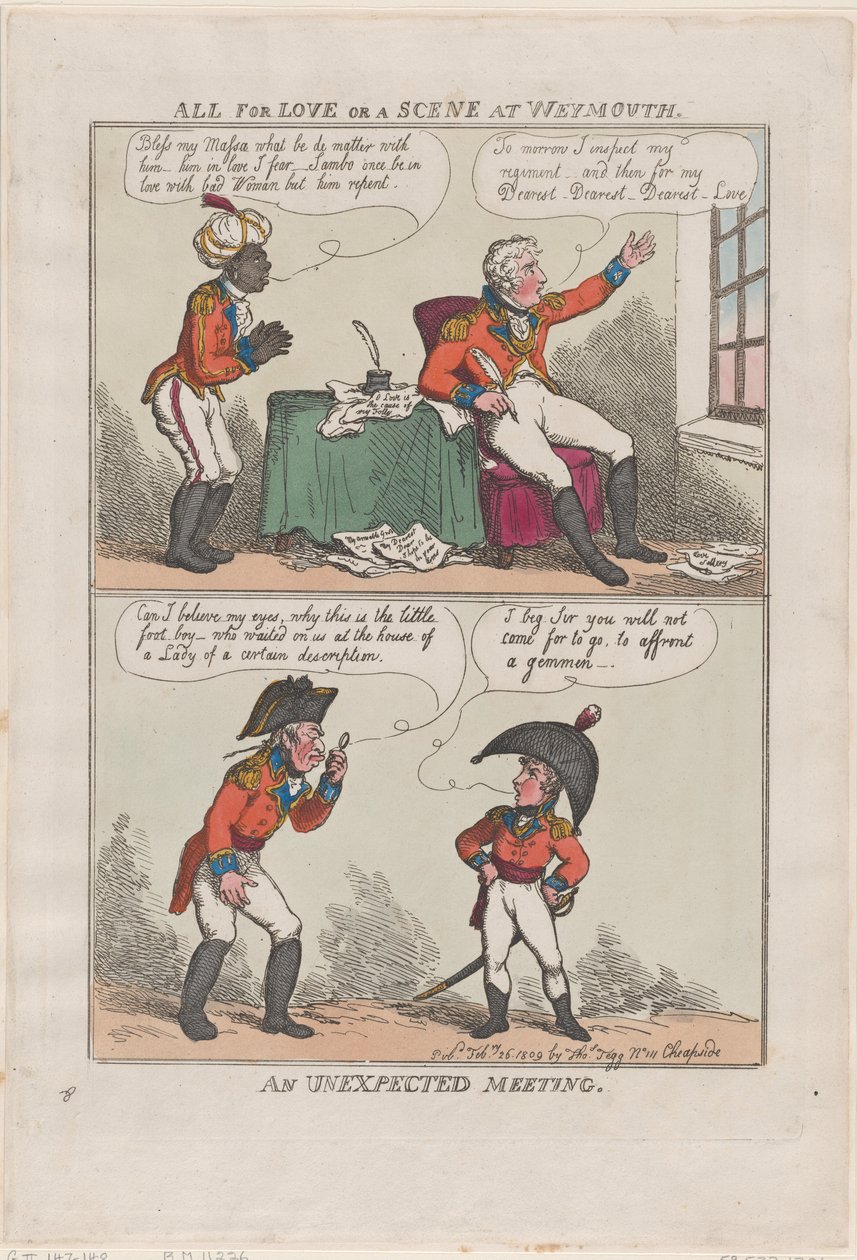 Alt for kjærlighet eller en scene i Weymouth, et uventet møte, 26. februar 1809., 26. februar 1809. av Thomas Rowlandson